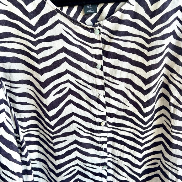 Tahari Zebra Print Linen Button Down 1X Tunic Blouse Roll Tab Sleeve - Picture 3 of 10
